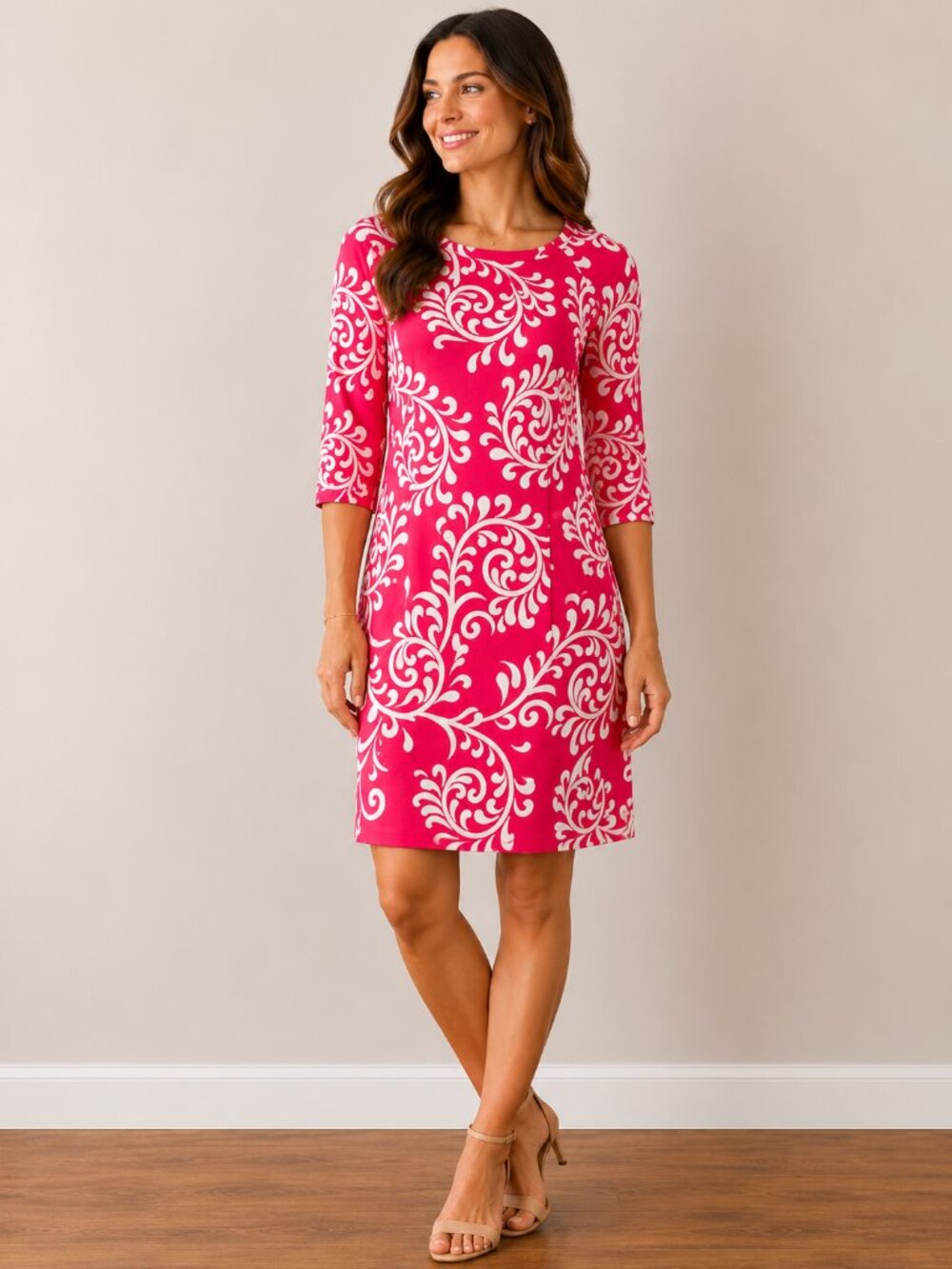 J. McLaughlin Sage Dress Mega Swirl Rose Pink 3/4 Sleeve Jersey Women's Small